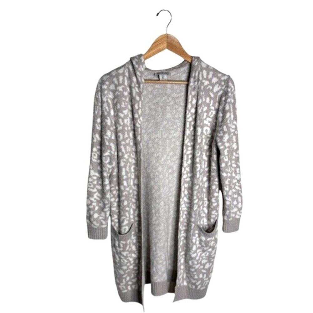 Rachel Zoe Hooded Cardigan Leopard Print Small Open Gray Pockets Oversized Cozy - Picture 9 of 9